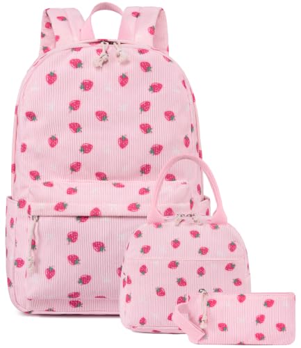 BTOOP School Backpacks for Teen Girls Bookbags Lightweight Kids Backpack School Bags Set with Lunch Box Pencil Case - color: Pink Strawberry