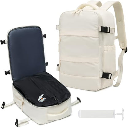 Travel Backpack w/Vacuum Compression (w/Pump) - Carry-On, 18x14x8 In, Multi-Comp Laptop Bag (米白色) - color: Off-white