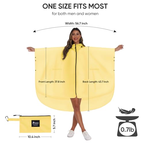 PTEROMY Hooded Rain Poncho for Adult with Pocket and Zipper, Waterproof Lightweight Raincoat for Men and Women - color: Yellow