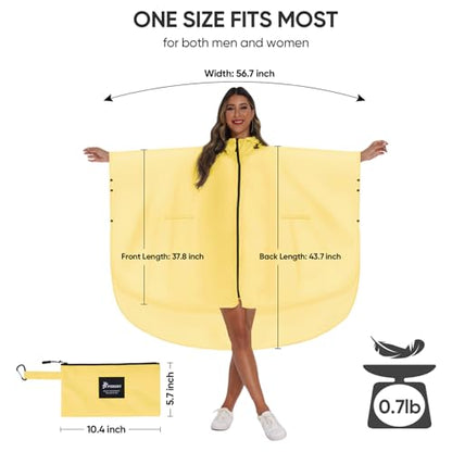 PTEROMY Hooded Rain Poncho for Adult with Pocket and Zipper, Waterproof Lightweight Raincoat for Men and Women - color: Yellow
