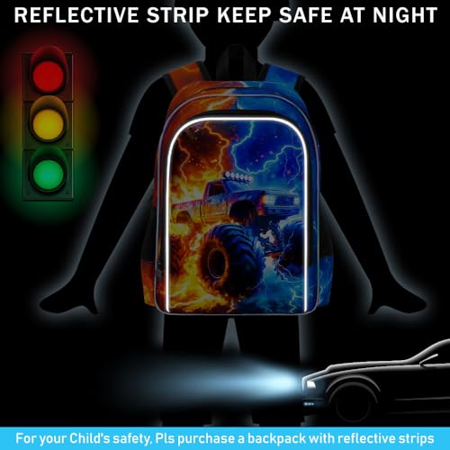 AGSDON 3PCS Truck Backpack for Boys, 17" Kids Bookbag with Lunch Box for Boy, Flame Thunder Backpacks Water Resistant and Lightweight for Teen - color: Truck