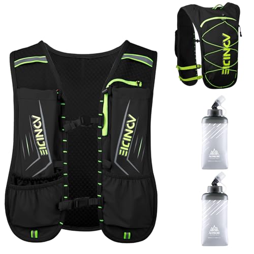 Azarxis Hydration Running Vest Backpack Pack 5L 5.5L for Women and Men Jogging Trail Race Marathon Cycling Hiking - color: #3 Black (5L) - with 2 Soft Flasks (500ml)
