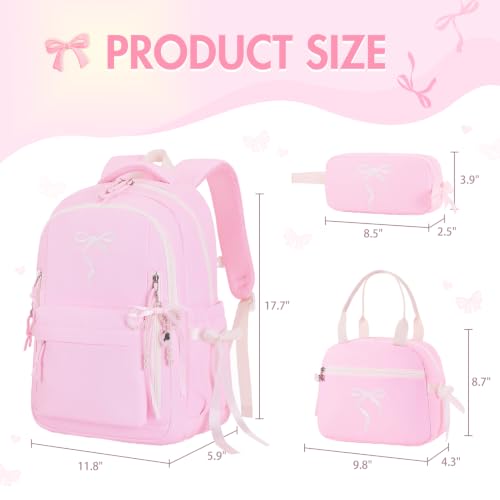 Kids Backpack for Girls - 3PCS Cute Embroidered Bow Girls Backpack with Insulated Lunch Bag & Pencil Case - Bookbag for Teen Women Middle High School College Work Travel Daypack - color: Pink Beige