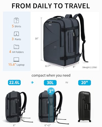 ECOHUB Carry On Travel Backpack, Expandable Airlines Personal Item Bag 18x14x8, Water Resistant 17 inch Laptop Backpack Flight Approved, 12 Pockets 30L Work Backpacks with Wet Pocket Cable Slot, Grey - color: Grey, size: 18 inch underseat