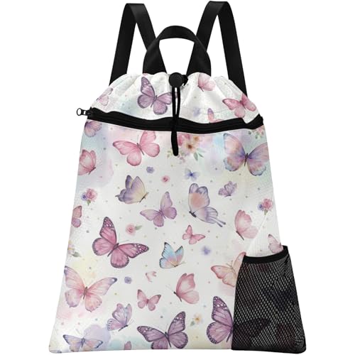 Watercolor Butterfly Drawstring Backpack, 15” x 17” Waterproof Swim Bag for Beach Swimming Pool, Lightweight Foldable Gym Bag with Water Bottle Holder for Sports Travel - color: Butterfly