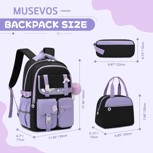 MUSEVOS Girls Backpack, Kids Backpack for Girls, School Bookbag for Teens Age 6-15, Large Capacity Water Resistant Backpack for Elementary to High School, Cute Travel Daypack, Black Purple 3pcs - color: Black Purple-3pcs