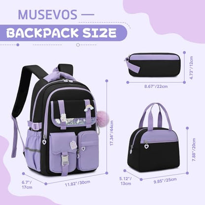 MUSEVOS Girls Backpack, Kids Backpack for Girls, School Bookbag for Teens Age 6-15, Large Capacity Water Resistant Backpack for Elementary to High School, Cute Travel Daypack, Black Purple 3pcs - color: Black Purple-3pcs
