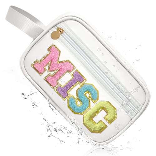 COSHAYSOO Clear MISC Makeup Bag Miscellaneous Stuff Organizer, Small Preppy Chenille Letter Patch Cosmetic Zipper Pouch, Toiletry Make Up Travel Purse Gifts for Teen Girls Women Daughter Sister - color: White-MISC