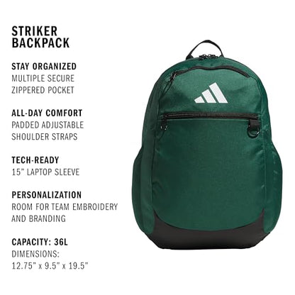 adidas Striker 3 Team Sports Backpack – Daypack for Sports Gym Travel, 36L, Dark Green, OSFA - color: Dark Green