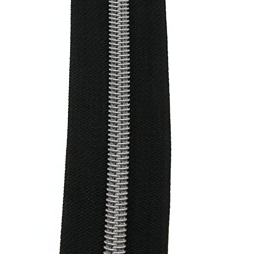 #5 Silver Metallic Nylon Coil Zippers by The Yard, Black Tape Bulk 10 Yards with 25PCS Silver Sliders Pulls for Sewing Crafts Bags YIGUANXIN - color: Black-Silver