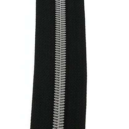 #5 Silver Metallic Nylon Coil Zippers by The Yard, Black Tape Bulk 10 Yards with 25PCS Silver Sliders Pulls for Sewing Crafts Bags YIGUANXIN - color: Black-Silver