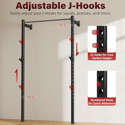 SPORTSOUL Wall Mounted Power Cage, 900lbs Squat Rack with Pull Up Bar for Home Gym, Space-Saving 2"x2" Pull-Up Station with Adjustable J-Hooks for Garage & Apartment - color: Black