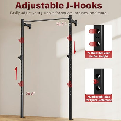 SPORTSOUL Wall Mounted Power Cage, 900lbs Squat Rack with Pull Up Bar for Home Gym, Space-Saving 2"x2" Pull-Up Station with Adjustable J-Hooks for Garage & Apartment - color: Black