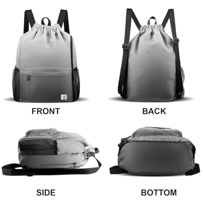 Drawstring Backpack with Mesh Pockets String Gym Bag Sackpack Sandproof Water Resistant Beach Backpack for Men Women - color: Gradient Gray