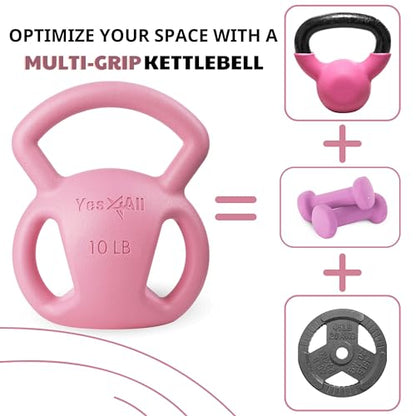 Yes4All Kettlebell, Strength Training Kettlebells for Women, Wide Multi-grip Textured Handle for Home Gym Exercises & Full Body Workout, Single 5–25 lb & Set of 10-15 lb - color: B. 10LB - Pink, style: A. Single