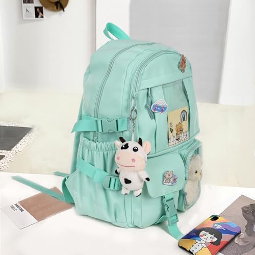 Kawaii Backpack with Cute Bear Plush Kawaii Pin Accessories Large Capacity Aesthetic School Bags Cute Bookbag for Girls Teen (Simple, Green) - color: Green