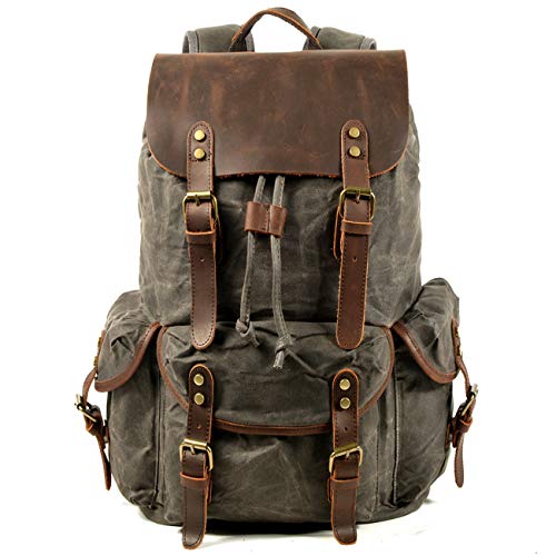 WUDON Leather Backpack for Men, Waxed Canvas Shoulder Rucksack Carry-On Travel Backpack - color: Grey-oversize