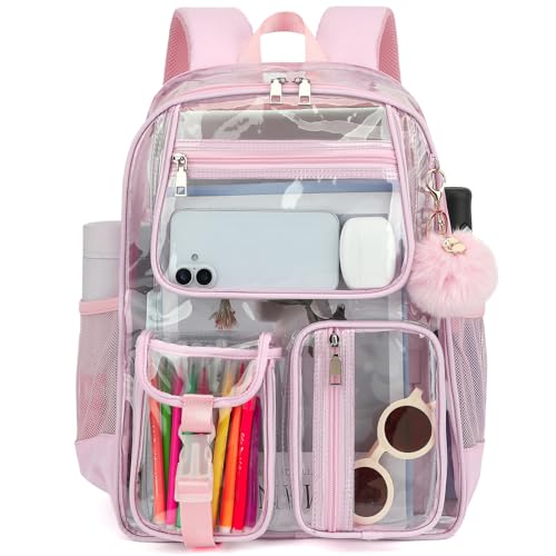 Clear Backpacks for Girls Women, Heavy Duty PVC Transparent School Bookbag See Through Back Pack for College Work Travel (Light Pink) - color: Light Pink