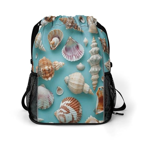 Drawstring Gym Backpack with Shoe Compartment And Wet Pocket, 28L Lightweight Waterproof Various Shell Patterns Sports Backpack for Workout Swim Beach Travel String Bag for Men Women