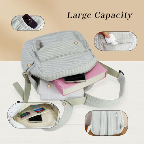Women’s Small Backpack, Ladies Lightweight Corduroy Backpack, Casual Multi Compartments Travel Daypack Purse (Light Grey) - color: Light Grey