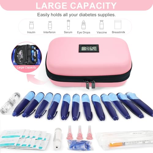 Gosemai TSA Approved Insulin Cooler Travel Case Medication Cooler for Travel with Thermometer Temperature Display Diabetic Medication Organizer Medical Travel Cooler Bag with 2 Ice Pack - color: Pink