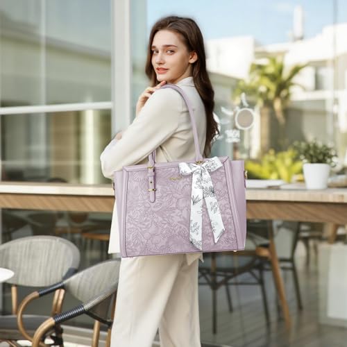 MOSISO Laptop Bag for Women, 17-17.3 inch PU Leather Tote Bag Compatible with MacBook, HP, Dell, Asus Notebook, Front Embossed Retro Hibiscus Computer Bags with Silk Scarf&Clutch Purse, Dusty Lilac - color: Dusty Lilac, size: 17.3 inch