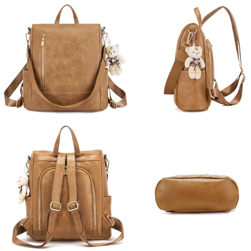 Soperwillton Women Fashion Backpack Purse Anti-Theft Leather Shoulder Bag Travel Multi Pockets Handbag Wallet Set 3pcs - color: Apricot