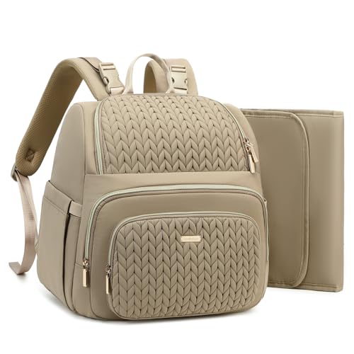 MAPLELILY Large Diaper Bag Backpack, Stylish Baby Travel Diaper Bag, Khaki | Waterproof lightweight maternity hospital backpack. With changing pad, stroller straps, insulated pocket. Mom, dad, toddler - color: Brown Taupe