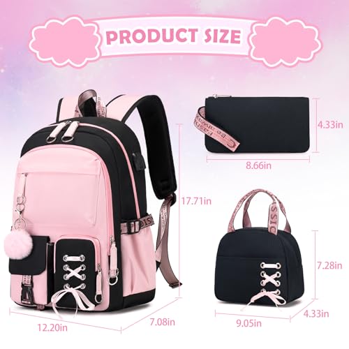 ACESAK Backpacks for Girls, Girls Backpack with Lunch Box and Pencil Case for Teen Kids Elementary Middle High School College Student, Children School Backpack Bookbag with USB Charging Port (Pink) - color: Black & Pink