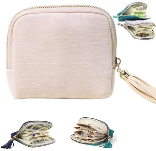 Travel Jewelry Case, Small High-End Large-Capacity Tassel Storage Bag Gifts for Women, Pouch Bags with Zipper, Velvet Jewelry Organizer Storage Bag for Bracelet Rings Earring (Beige) - color: Beige