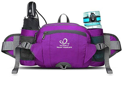 WATERFLY Fanny Pack Waist Bag: Fannie Pack 2 Water Bottle Holders Lumbar Belt Hiking Walking Running Jogging Camping Large Woman Man (Bottle Not Included) - color: Purple