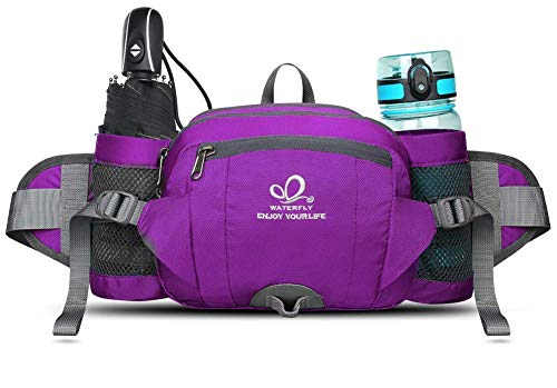 WATERFLY Fanny Pack Waist Bag: Fannie Pack 2 Water Bottle Holders Lumbar Belt Hiking Walking Running Jogging Camping Large Woman Man (Bottle Not Included) - color: Purple