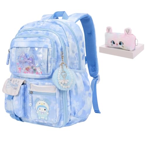 Lovely Kawaii Kids School Backpack For Girls – Splash-Proof Book Bag for Kids & Students, Multi-Pocket Children's School Bag, 17 Inch Blue Backpack - color: Blue