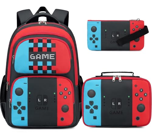 JIANYA School Backpack for Boys and Girls Elementary Children's School Bag Kids Backpack with Lunch Box - color: Gamer/ Red