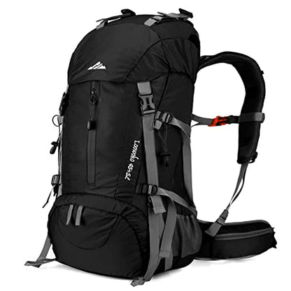 Loowoko 50L Hiking Backpack, Waterproof Camping Essentials Bag with Rain Cover, 45+5 Liter Lightweight Backpacking Back Pack - color: Black