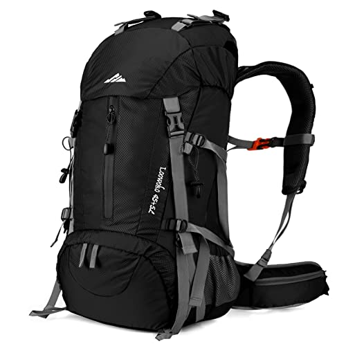 Loowoko 50L Hiking Backpack, Waterproof Camping Essentials Bag with Rain Cover, 45+5 Liter Lightweight Backpacking Back Pack - color: Black