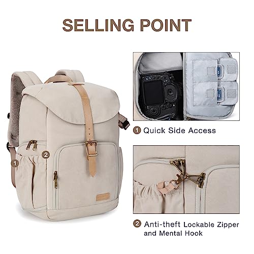 BAGSMART Camera Backpack, DSLR Camera Bag Backpacks for Photographers, Waterproof Anti-Theft Photography Backpack with 15 Inch Laptop Compartment & Tripod Holder, Ivory White - color: A-ivory White[single Buckle]