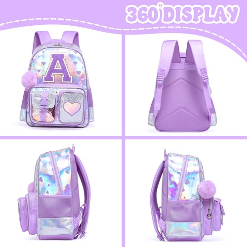 Meetbelify Backpack for Girls Letter Backpacks for Elementary Student Teen Girls Cute School Bag Kids Bookbag for Kids 8-10 - color: Initial a Purple