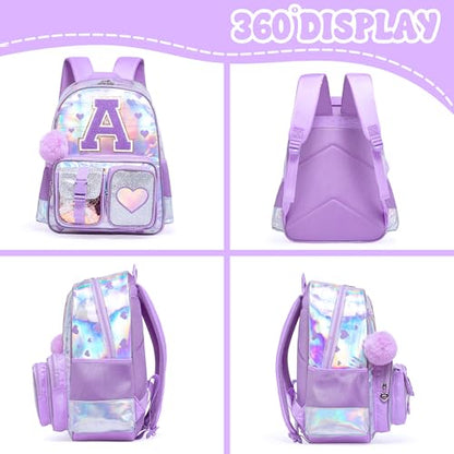 Meetbelify Backpack for Girls Letter Backpacks for Elementary Student Teen Girls Cute School Bag Kids Bookbag for Kids 8-10 - color: Initial a Purple
