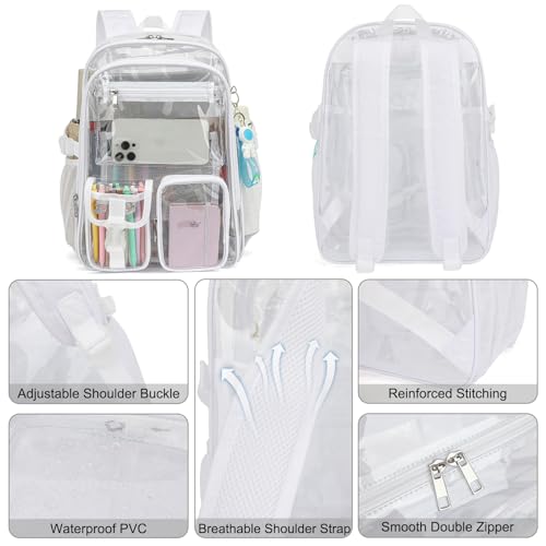 Clear Backpack Heavy Duty Transparent Backpacks Stadium Approved for School Work Sport Travel (White) - color: White