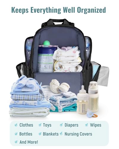 Mancro Diaper Bag Backpack, Extra Large Capacity Baby Diaper Backpack with 2 Insulated Pockets and Stroller Strap, Water Resistant Mens Diaper Bag for Travel，Black - color: Black, size: X-Large