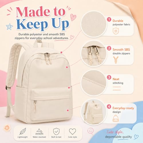 LOIDOU Girls Backpack for Kids Cute School Bookbag - color: Pure Beige, size: L-17"