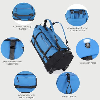 29" 86L Foldable Wheeled Duffle Bag, Waterproof Travel Rolling Backpack with Quilted Bottom, Blue - color: Blue