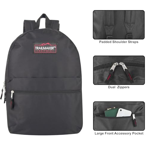 Trail maker Classic 17 inch Backpacks with Adjustable Padded Straps | School Backpacks for Girls, Boys (Black) - color: Black