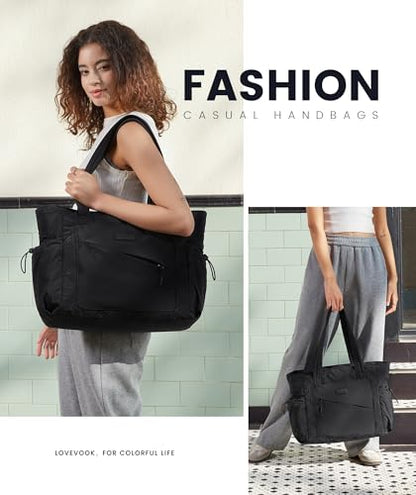 LOVEVOOK Tote Bag for Women, puffer tote bag for Work Travel Nurse, Lightweight quilted Bags with Compartments - color: L-17.3 Inch-black
