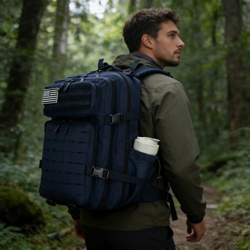 Sparklekle Military Tactical Backpack 45L 3 Day Assault Pack Waterproof Molle Hiking Rucksack for Men and Women (Blue) - color: Navy, size: 45L