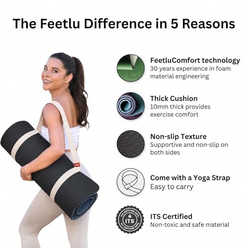 Extra Thick Yoga Mat with Carry Strap, 10mm Non-Slip Exercise Mat, 72 x 24 Inch Cushioned Workout Mat for Yoga, Pilates, Stretching & Floor Exercises - color: Black & Gray