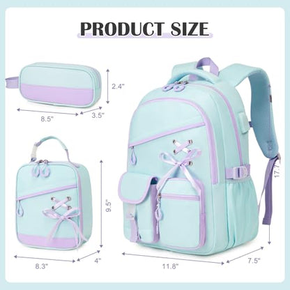 DIGOBAY Backpacks for Girls - 3PCS Girls Backpack with Lunch Box & Pencil Pouch School Backpacks for Elementary Middle High College School Bookbag for Teen Girl Kids Students Aquamarine-purple - color: Aquamarine-purple