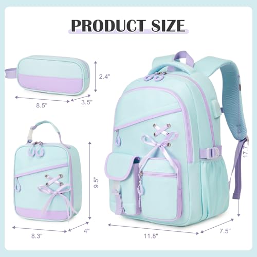 DIGOBAY Backpacks for Girls - 3PCS Girls Backpack with Lunch Box & Pencil Pouch School Backpacks for Elementary Middle High College School Bookbag for Teen Girl Kids Students Aquamarine-purple - color: Aquamarine-purple