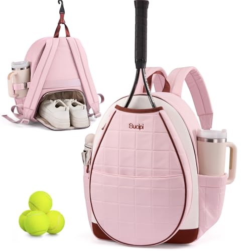 Sucipi Tennis Bags for Women, Quilted Tennis Racket Bag Backpack for Tennis Racquet, Pickleball Paddles, Badminton - color: Pink-beige-brown with cup holder, size: Medium with Shoe Compartment